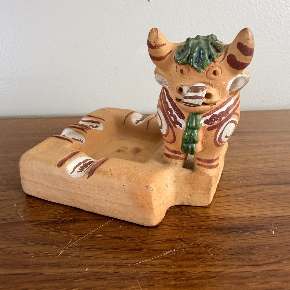 Mexican Folk Art Bull Pottery Ashtray Hand Painted Terracotta Southwestern